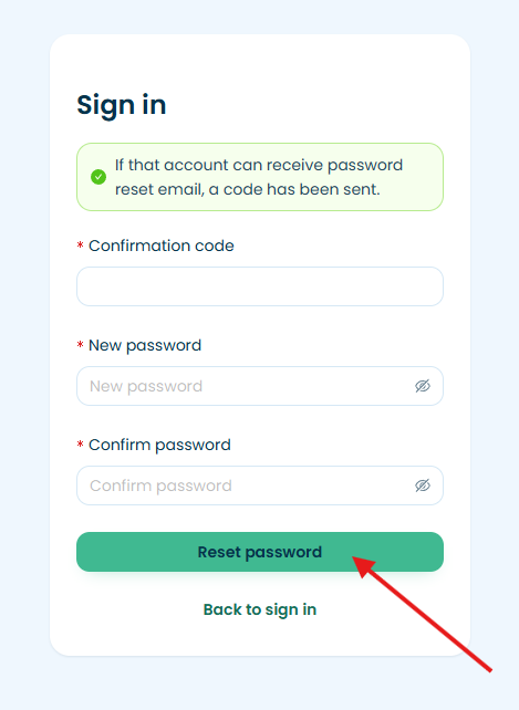 IMAGE: Confirmation code + new password screen