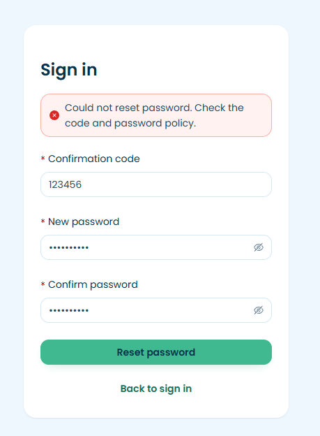 IMAGE: Error screen -- "Could not reset password"